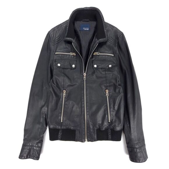 ZARA MAN Genuine Leather Moto Biker Jacket Aviator Bomber Medium Black 90s Y2k - Picture 1 of 11